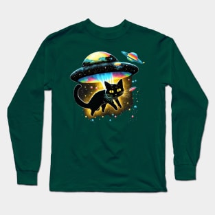 Funny Cat Tee, Galaxy Cat Shirt Spaceship Alien Cat Long Sleeve T-Shirt